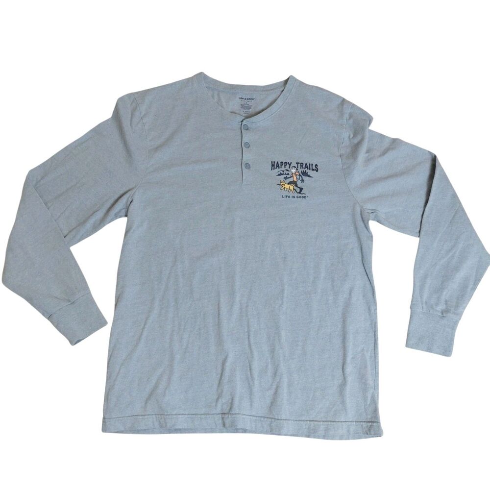 Life is Good Happy Trails Sleep Wear Henley Shirt Mens Large Blue Cotton Poly